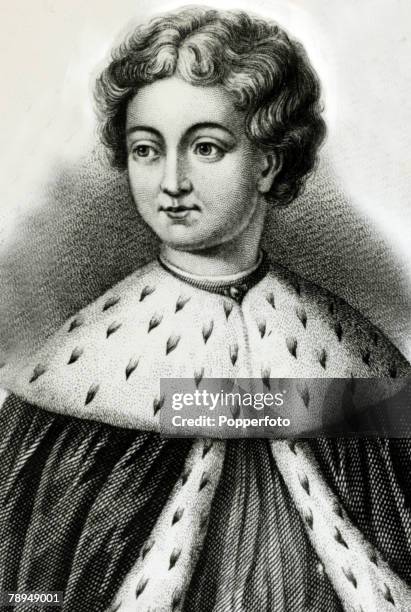 History Illustrations, English Royalty, pic: circa 1470's,This illustration shows King Edward V the boy King, on the throne in 1483 pictured when he...