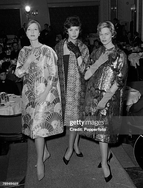 Fashion, Munich, Germany, October 1958, The designer Pierre Cardin presents evening coats from old Japanese silk all lined with mink and sable fur in...