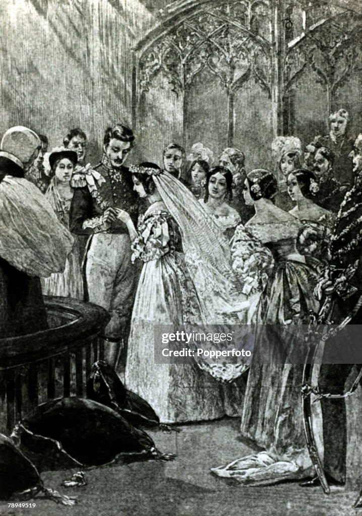 History Personalities. British Royalty. pic: 10th February 1840. Queen Victoria, with her husband Prince Albert, as they are married at St.James' Palace. Queen Victoria, (1819-1901) who reigned from 1837-1901, who during her reign saw Great Britain extend