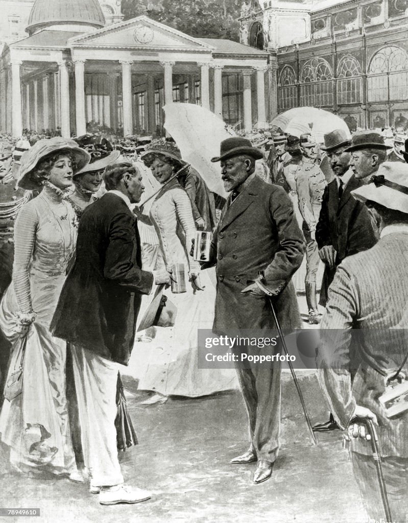History Personalities. British Royalty. pic: 1900's. King Edward VII enjoying the social scene at Marienbad durung his daily visit to the springs. King Edward VII, (1841-1910) who succeeded his mother Queen Victoria reigned from 1901-1910.
