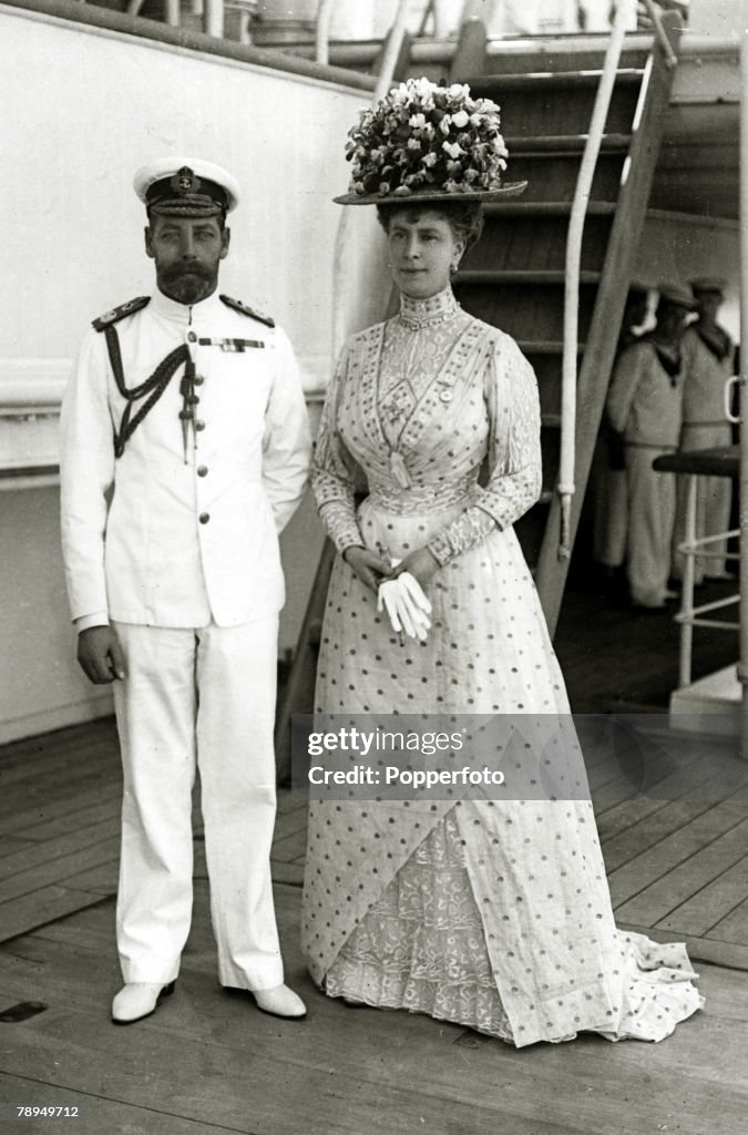 British Royalty. pic: 1911. HM.King George V and his Consort Queen Mary pictured aboard the "Medina" . King George V, (1865-1936) reigned from 1910-1936.