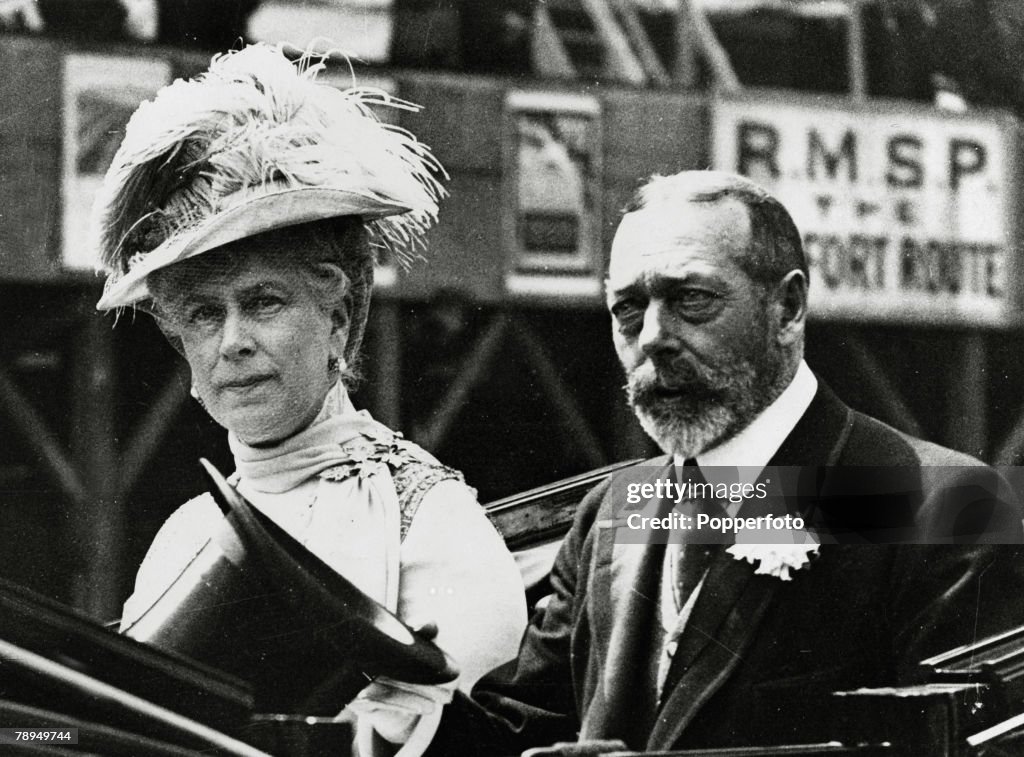 British Royalty. pic: July 1925. HM. King George V with the his Consort, Queen Mary after opening the new Canada Building in London's Trafalgar Square. King George V, (1865-1936) reigned from 1910-1936.