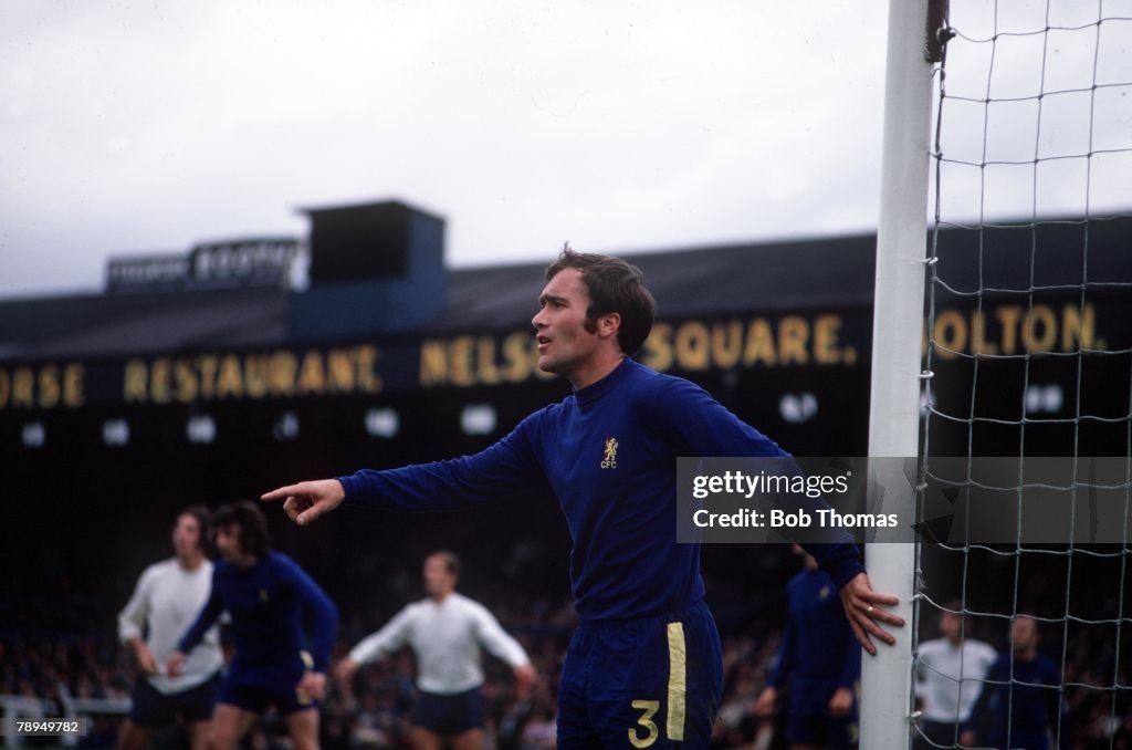 Football. Chelsea captain Ron "Chopper" Harris pointing to organise his defenders during a League match.