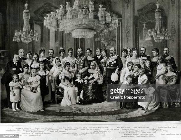 British Royalty, The Royal Family 1897, HM,Queen Victoria, seated centre, alongside the Prince of Wales, right, Edward Albert of York, and Alexandra,...