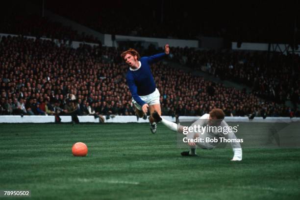 Elland Road, Leeds, Leeds United v Everton, Leeds captain Billy Bremner brings down Everton's Alan Ball with a foul challenge from behind