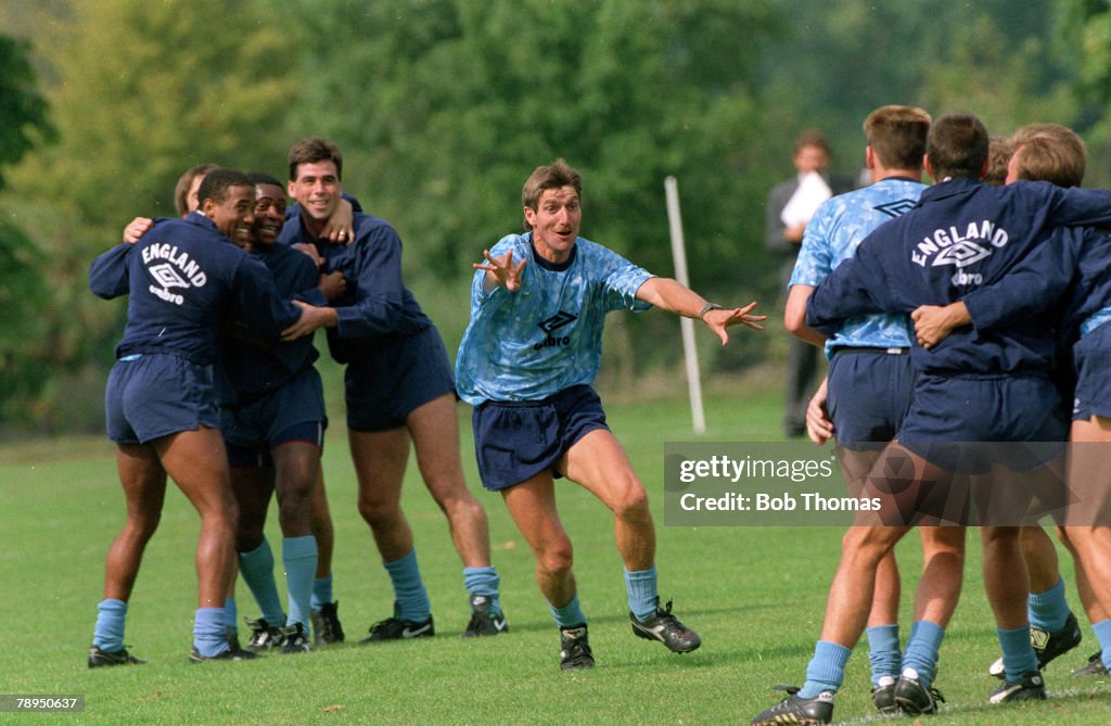 Sport. Football. pic: 10th September 1990. England Training at Bisham Abbey. England Coach Steve Harrison in high spirits in a light hearted training session.