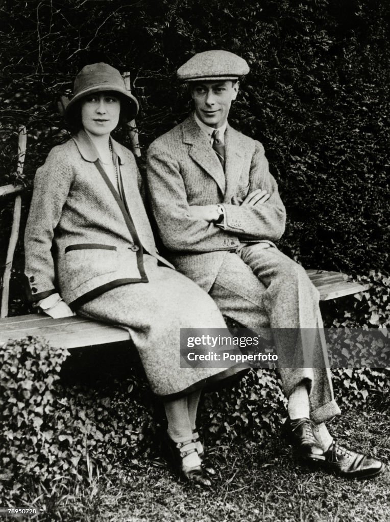 British Royalty. pic: 1923. HRH. The Duke and Duchess of York pictured at Polesden Lacey during their honeymoon. The Duke of York was to become King George VI, on the abdication of King Edward VIII, and reigned 1936-1952, with Elizabeth as his Queen Conso