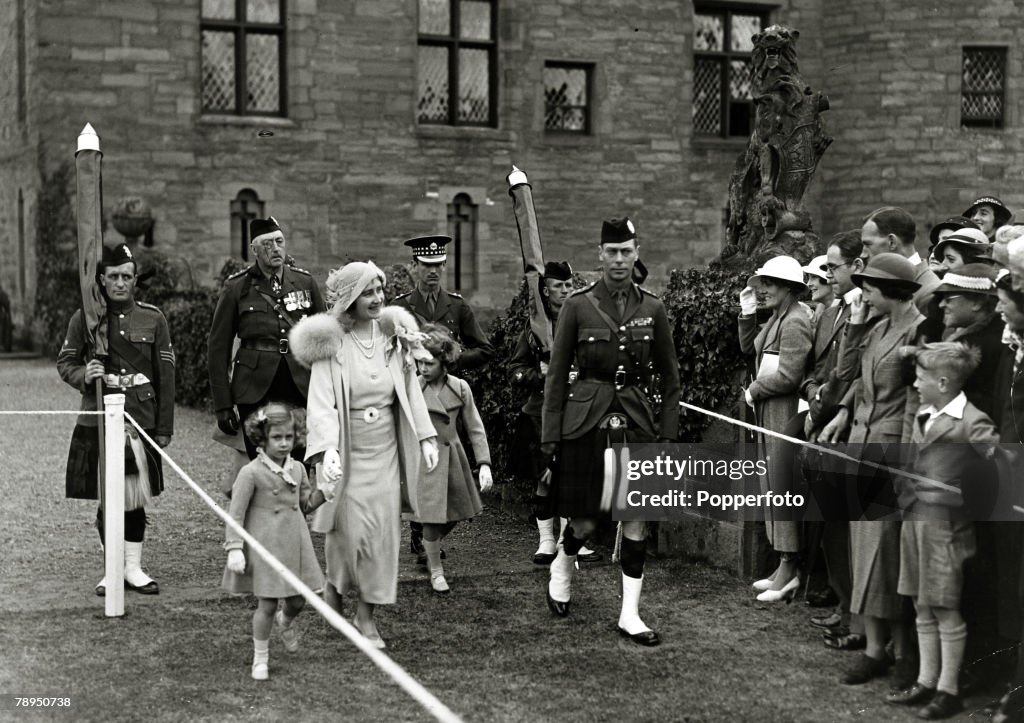 British Royalty. pic: 11th July 1935. HRH.The Duke and Duchess of York with their children Princess Margaret, left and Princess Elizabeth at Glamis Castle, Scotland. The Duke of York, (1895-1952) became King George VI and reigned 1936-1952, with his wife 