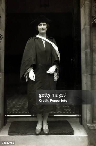 The Duchess of York at the entrance to St,Andrews University, Scotland after receiving the degree of LL,D, The Duchess of York, born Lady Elizabeth...