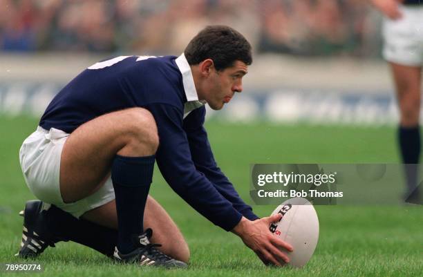 Sport, Rugby Union, circa 1990, 5 Nations Championship, Scotland full back Gavin Hastings prepares to kick for goal