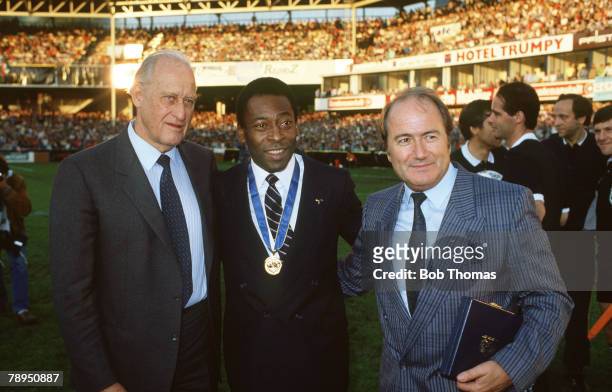 10th June 1987, FIFA,Exhibition Match in Zurich, Italy 3, v Argentina 1, FIFA,President Joao Havelange, left, with Brazil's Pele, who won an award...