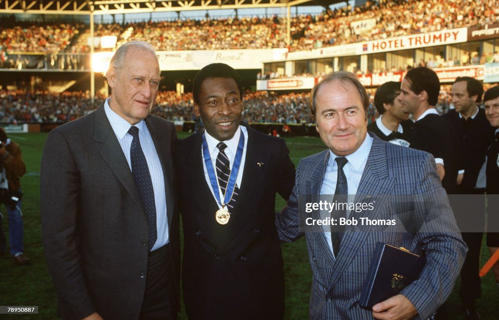 Sport. Football. pic: 10th June 1987. FIFA.Exhibition Match in Zurich. Italy 3. v Argentina 1. FIFA.President Joao Havelange, left, with Brazil's Pele, who won an award for services to football, and FIFA. Secretary Joseph "Sepp" Blatter.