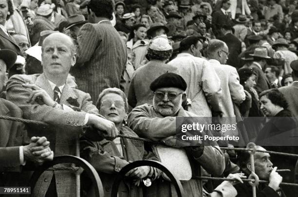 Literature Personalities, pic: 1954, Author Ernest Hemingway, a great lover of bullfights, pictured at a Madrid bullfight, Ernest Hemingway, US...