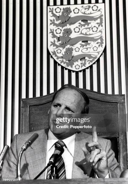 English former footballer Ron Greenwood pictured at his first press conference after being appointed the new England football manager, at the...