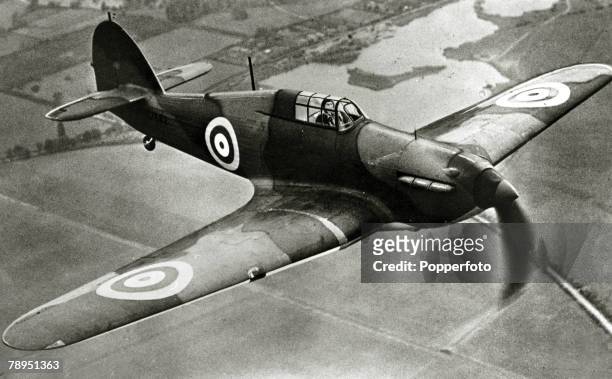 War and Conflict, World War Two, pic: circa 1937, The Hawker "Hurricane" in flight, The Hawker "Hurricane" the work of Sydney Camm, was the first...