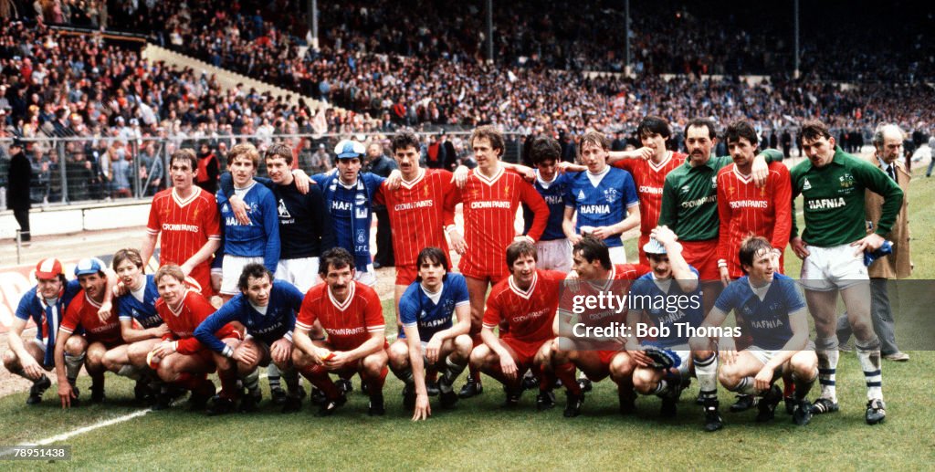 25th March 1984. Wembley, London. Milk Cup Final. Both sides pose for the cameras following their draw in the Merseyside derby.