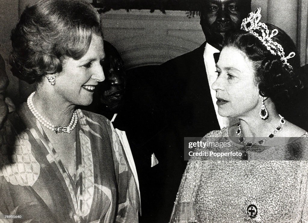 Politics. Personalities. pic: July 1979. Lusaka. British Prime Minister and Conservative leader Margaret Thatcher pictured with HM. Queen Elizabeth II.