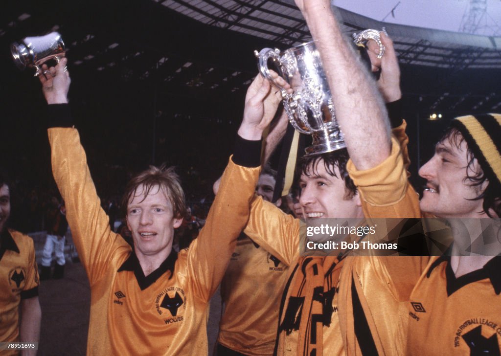 Sport. Football. 1980 League Cup Final. Wembley, London, England. Wolverhampton Wanderers 1 v Nottingham Forest 0. Wolves celebrate victory with the trophy, L-R; Pete Daniel, Willie Carr, Emlyn Hughes and Kenny Hibbitt.