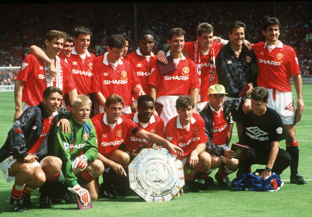Charity Shield at Wembley, Manchester United beat Arsenal on penalties, Manchester United, Back row, left - right, Andrei Kanchelskis, Roy Keane, Lee...
