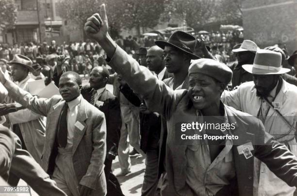 Race, Apartheid, South Africa, pic: 1952, Non white protesters, part of a large crowd at a Johannesburg protest meeting which called for freedom and...