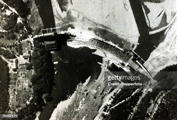 War and Conflict, World War Two, pic: July1943, A reconnaissance photograph of the Eder Dam taken two months after the famous "Dambusters" raid,...