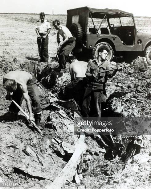 War and Conflict, Post World War Two, pic: July 1963, Oosteljk, Holland, The wreckage of a British Lancaster, shot down in the Ijeselmeer in May 1943...