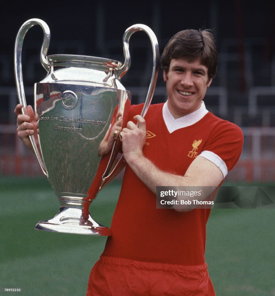 Sport. Football.England. 1977. Liverpool captain Emlyn Hughes holds the European Cup.