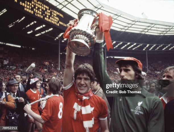 Sport, Football, 1974 FA Cup Final, Wembley, London, England, Liverpool 3 v Newcastle United 0, Liverpool's Emlyn Hughes and goalkeeper Ray Clemence...