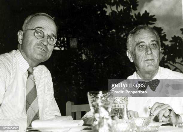 President Franklin D. Roosevelt of the United States, on right, with future President Harry S. Truman circa 1940. Franklin D. Roosevelt became the...