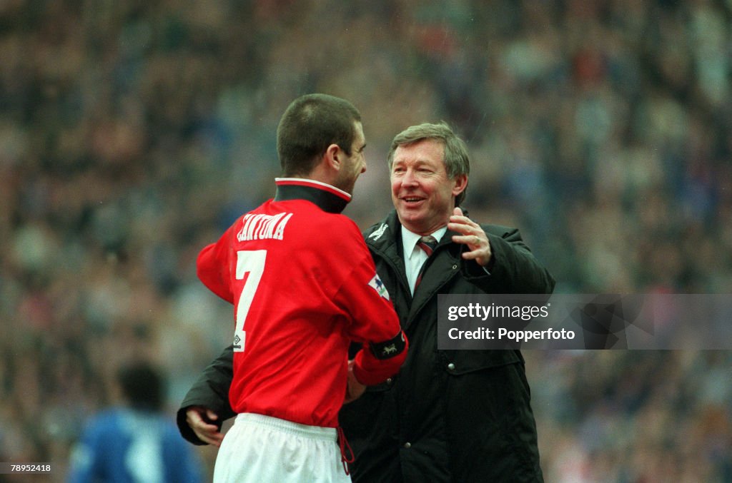 Sport. Football. pic: 31st January 1996. FA.Cup Semi-Final at Villa Park. Machester United 2.v Chelsea 1. Manchester United Manager Alex Ferguson celebrates the victory with his captain Eric Cantona.
