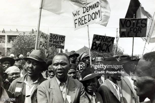 Race, Apartheid, South Africa, pic: 1952, Black African protesters seen among a crowd at a Johannesburg protest meeting which defied a ban on such...