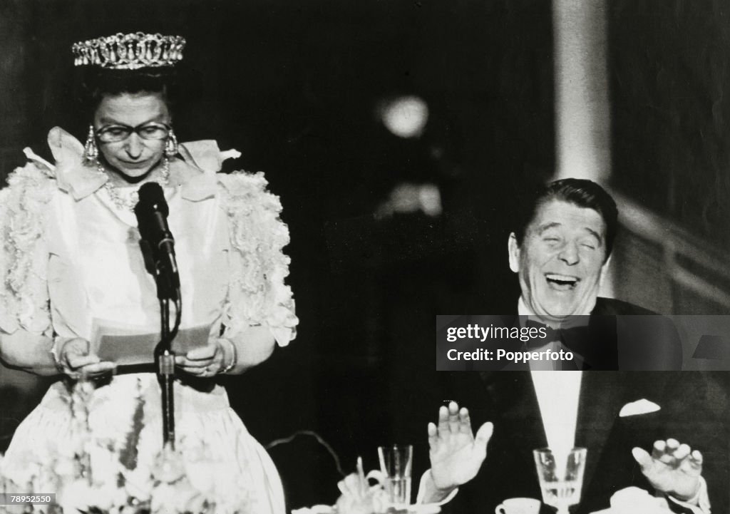Politics. Personalities. USA. pic: March 1983. San Francisco. President Ronald Reagan roars with laughter at a joke delivered "deadpan" style by HM.Queen Elizabeth which remarked on the California weather. Ronald Reagan (born 1911) became the 40th Preside