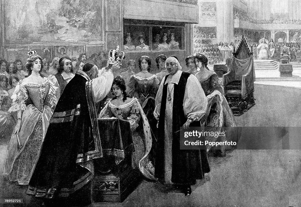 British History. Royalty. Illustration. The crowning of the Queen Consort at the Coronation of James II and Mary of Modena by the Archbishop of Canterbury, William Sancroft in Westminster Abbey. April 23rd 1685.