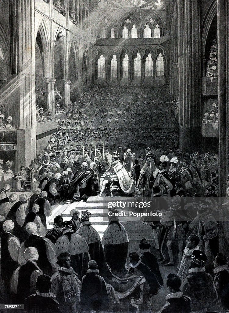 British History. Royalty. Illustration. The Coronation of King George IV in Westminster Abbey shows the fealty (the loyalty to their king) made by the Lords spiritual. July 19th 1831.