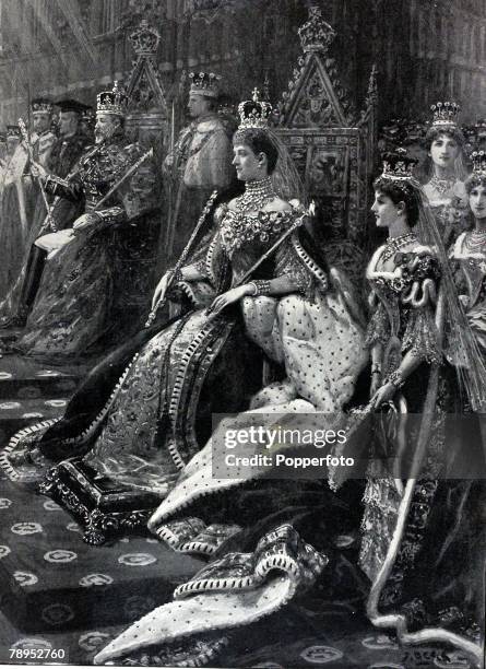 British History, Royalty, Illustration, The Coronation ceremony shows Alexandra, Queen Consort, with King Edward VII to her left, Westminster Abbey,...