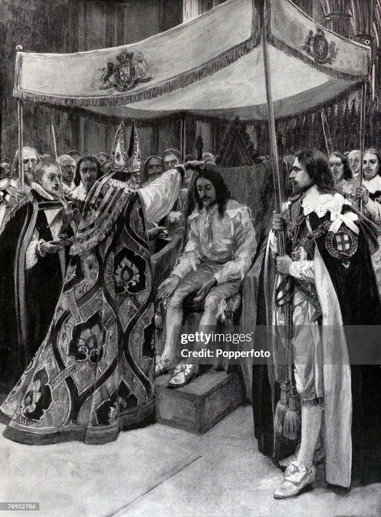 British History. Royalty. Illustration. The annointing of King Charles I by George Abbot, Archbishop of Canterbury at Westminster Abbey, Candlemas Day, 1626.
