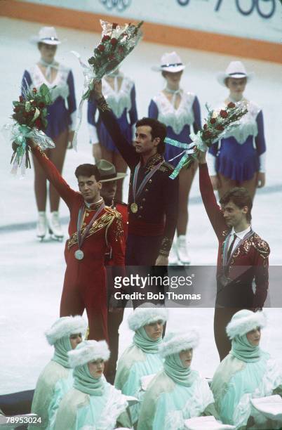 Sport, 1988 Winter Olympic Games, Calgary, Canada, Ice Skating, Mens Figure Skating, Medal Ceremony, Left-right, Brian Orser, Canada , Brian Boitano,...