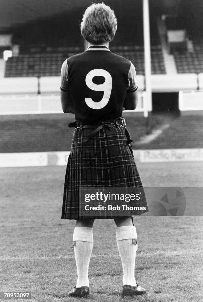 Circa 1978, Aston Villa and Scotland striker Andy Gray wearing his Villa club shirt and a tartan kilt, The proud Scot was to win 20 Scotland...