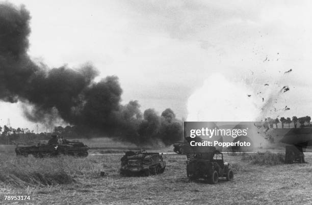 War and Conflict, World War Two, , Invasion of France, pic: June 1944, An American ammunition lorry explodes after being hit by German mortar fire as...