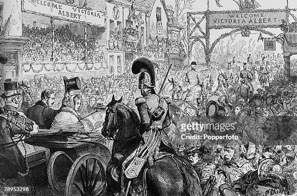 British History, Royalty, Illustration, The wedding of Queen Victoria and Albert of Saxe-Coburg-Gotha shows the royal carraige beseiged by cheering...
