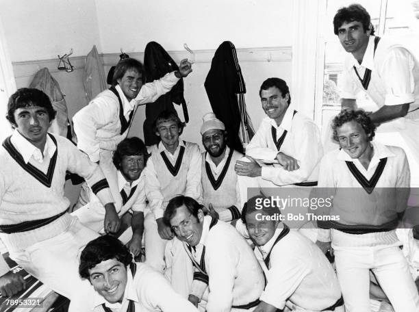 16th July 1977, Northamptonshire v Australia at Northampton, A fun moment as Ray Bright, centre, borrows a pakta from Northamptonshire's Indian...