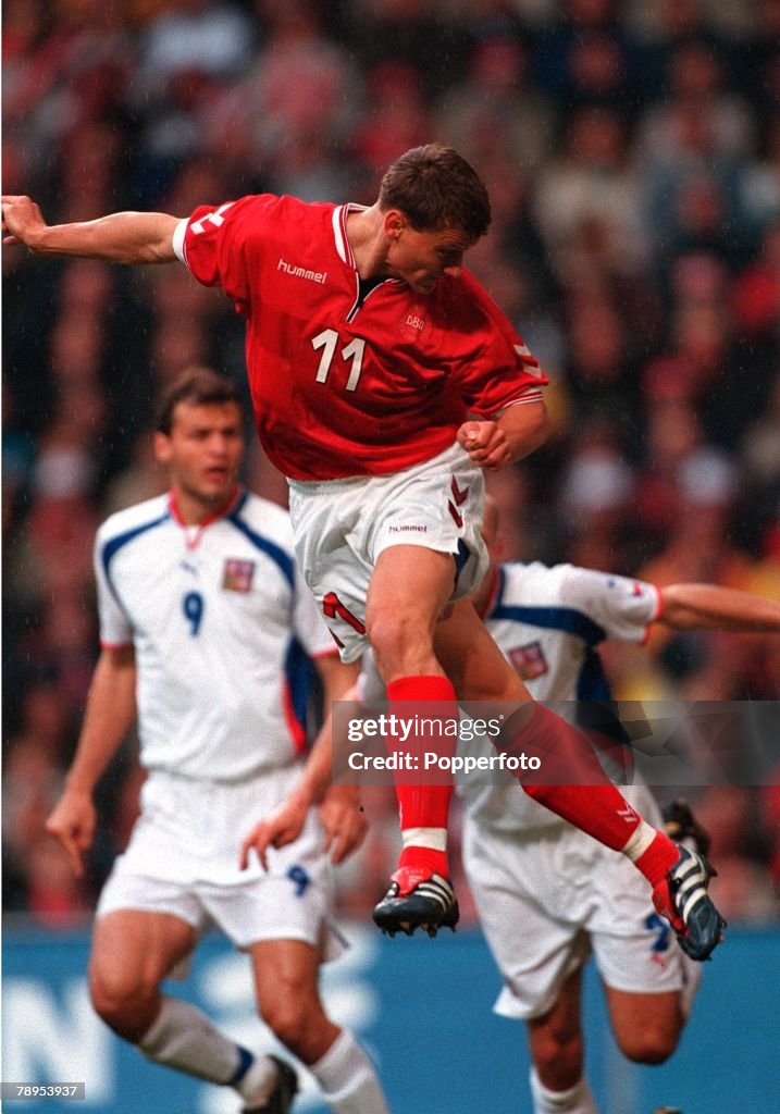 Football. 2002 World Cup Qualifier. Group 3. 2nd June 2001. Copenhagen. Denmark 2 v Czech Republic 1. Denmark's Ebbe Sand heads the first goal of the game.