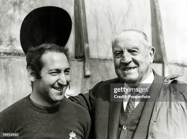 Circa 1965, Real Madrid President Santiago Bernabeu with the team captain Francisco "Paco" Gento, Gento won 6 European Cups between 1956 and 1966; an...