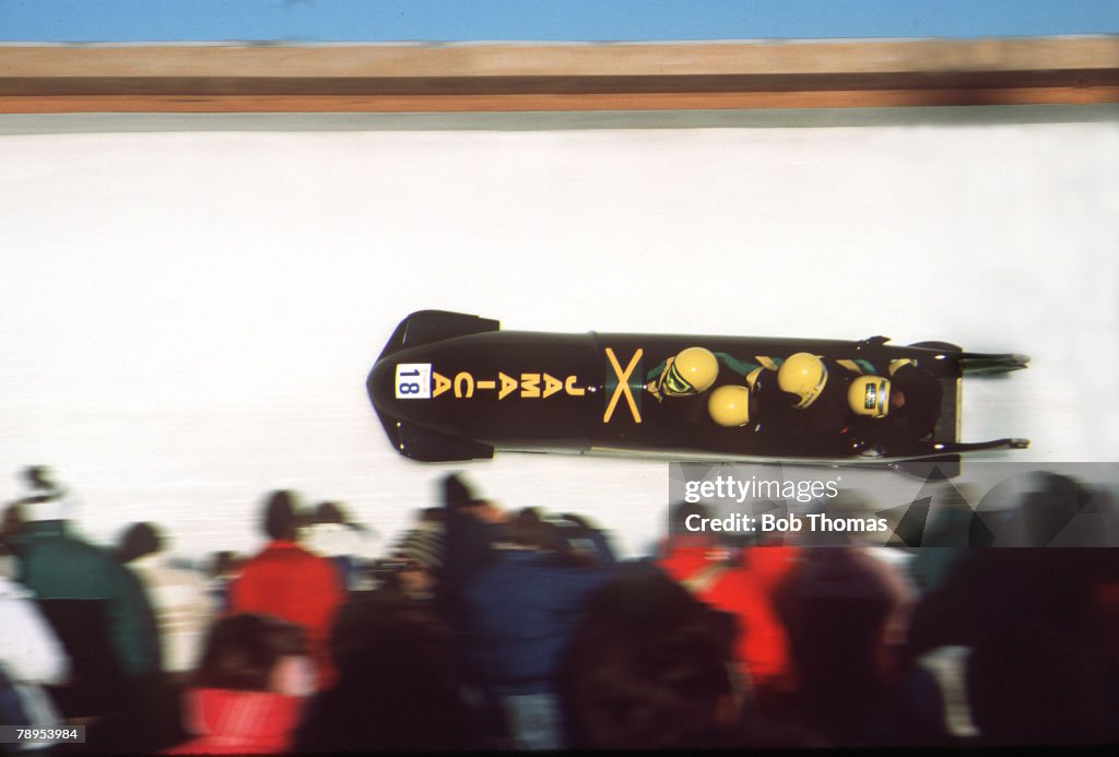 Sport. Four Man Bobsleigh. 1988 Winter Olympic Games in Calgary. Jamaica 1, the first Jamaican team to compete in the Winter Olympics Bobsleigh, with team members Nelson Chris Stokes, Dudley Stokes, Devon Harris, Michael White.