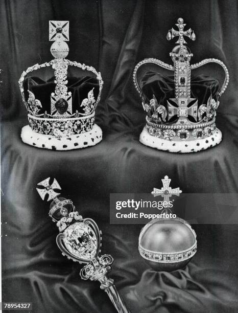 London, England, The Crown Jewels showing two crowns, an orb and sceptre