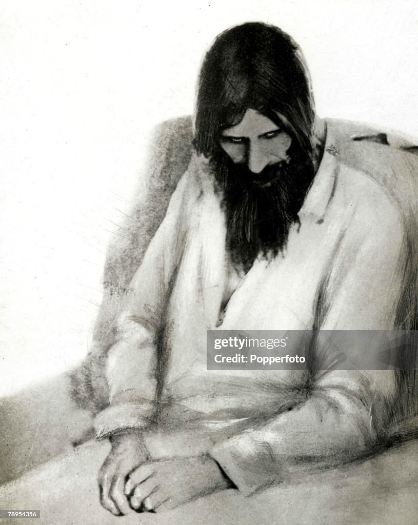 A picture of Gregory Rasputin, the Siberian peasant monk, photographed in bed after the first and unsuccessful attempt on his life.