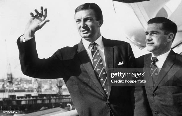 April 1961, Wimbledon Lawn Tennis Championships, Australia cricket captain Richie Benaud, left, and vice-captain Neil Harvey at Tilbury Docks,...