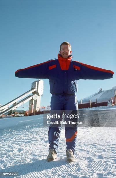 Sport, 1988 Winter Olympic Games, Calgary, Canada,Mens 70 and 90 metre Ski Jump, Great Britain's Eddie "The Eagle" Edwards interviewed on the lift by...