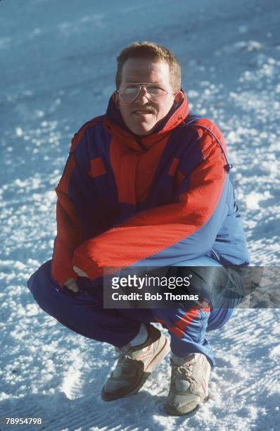 Sport, 1988 Winter Olympic Games, Calgary, Canada,Mens 70 and 90 metre Ski Jump, Great Britain's Eddie "The Eagle" Edwards interviewed on the lift by...