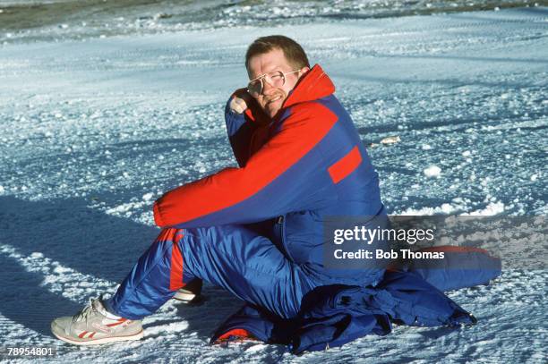 Sport, 1988 Winter Olympic Games, Calgary, Canada, Mens 70 and 90 metre Ski Jump, Great Britain's Eddie "The Eagle" Edwards interviewed on the lift...